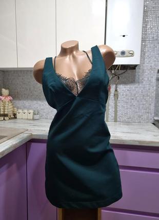 Кружевное нарядное зеленое изумрудное брендовое мини - платье без рукавов на бретелях от zara с французским кружевом s6 фото