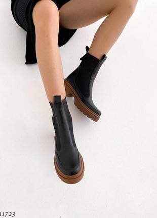 Черные натуральные кожаные демисезонные деми ботинки челси с резинками на резинках коричневой толстой подошве кожа осень10 фото