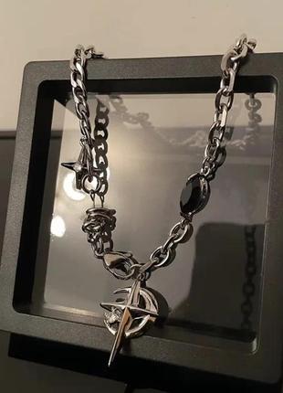 Ожерелье унисекс с подвесками звёзды и чёрным агатом в стиле готика y2k