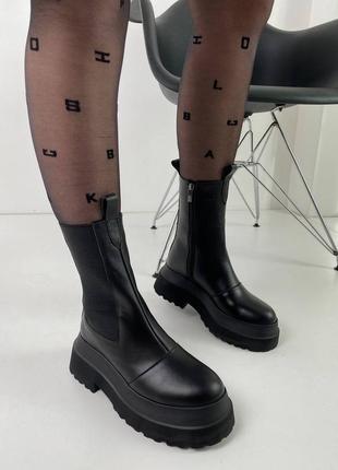 Натуральные кожаные черные демисезонные ботинки на байке на высокой подошве6 фото