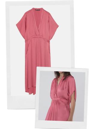 Эффектное сатиновое платье туника zara коралловый розовый миди платья длинное1 фото