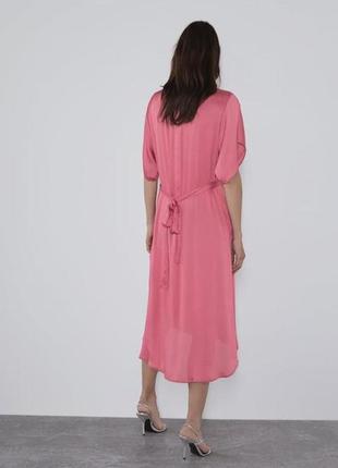 Эффектное сатиновое платье туника zara коралловый розовый миди платья длинное4 фото