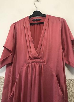 Эффектное сатиновое платье туника zara коралловый розовый миди платья длинное7 фото