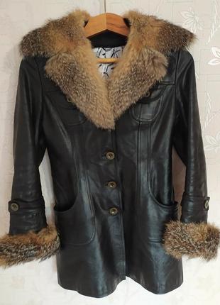 Жіноча шкіряна куртка з натуральним хутром і хутряною підстібкою #зимове розвантаження1 фото