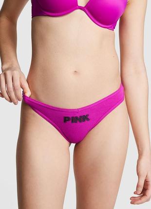 Трусики стринги victoria's secret хлопок фуксия в рубчик с надписью pink оригинал виктория сикрет