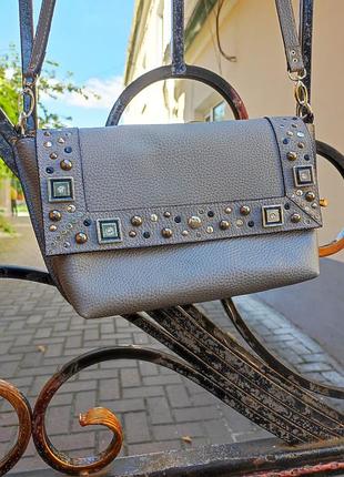 Сумка кожаная серая, итальянская кожа флотар, длинный ремень