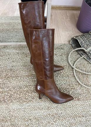 Чоботи з італійської шкіри та замші жіночі на підборах шпильці