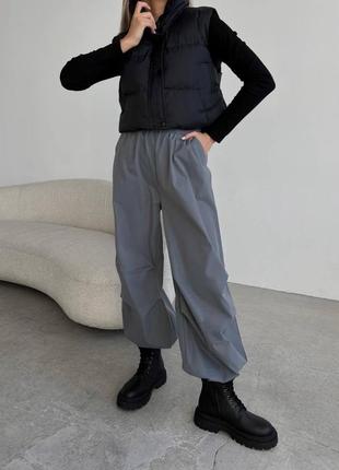 Штани прямі карго палаццо вільні оверсайз з розрізами кнопки застібки полоски висока посадка спортивні кюлоти2 фото