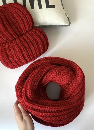 Комплект шапка і хомут жіночий у два оберти червоний