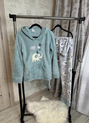 Бірозова/сіра тепла махрова фліс піжама/домашній костюм кофта худі з капюшоном і штани