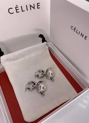 Брендові сережки селін з перлами, сріблясті, люкс якість