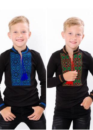 Черная вышиванка с длинным рукавом для мальчика, вышитая трикотажная рубашка детская с орнаментом, синяя вышивка, вышиванка чёрная с длинным рукавом