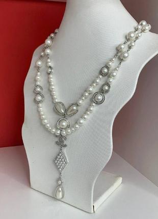 Кольє перлове двоярусне в стилі chane з підвіскою та логотипом