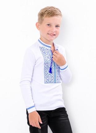 Белая вышиванка с длинным рукавом для мальчика, вышитая трикотажная рубашка детская с орнаментом, синяя красная вышивка, вышиванка белая с длинным рукавом3 фото