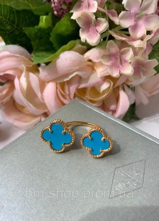Брендовое двойное кольцо, стиль ван клиф с покрытием лимонного золота au750, голубой клевер5 фото