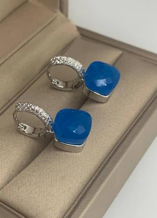 Сережки помеллато посріблені з квадратним каменем синього кольору