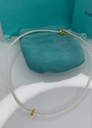Тиффани брендовое ожерелье колье на шею с мелким жемчугом и позолотой. колье на свадьбу.4 фото