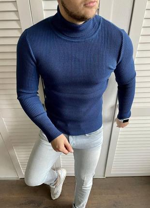 Світр чоловичий теплий гольф у рубчик синій, маломірять