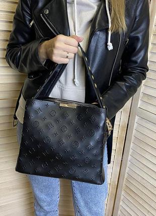 Качественная женская сумка черная сумочка на плечо с широким ремешком4 фото