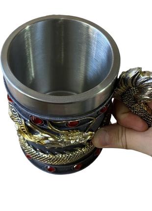 Кухоль чашка келих 3d неіржавка сталь дракон золотий танард 550 мл3 фото