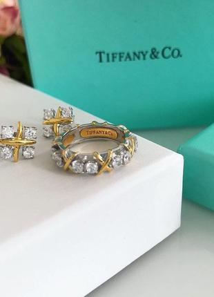 Tiffany тиффани набор - кольцо и серьги с крестиками серебро 925, позолота. упаковка. на подарок девушке.6 фото