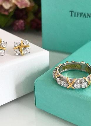 Tiffany тиффани набор - кольцо и серьги с крестиками серебро 925, позолота. упаковка. на подарок девушке.2 фото
