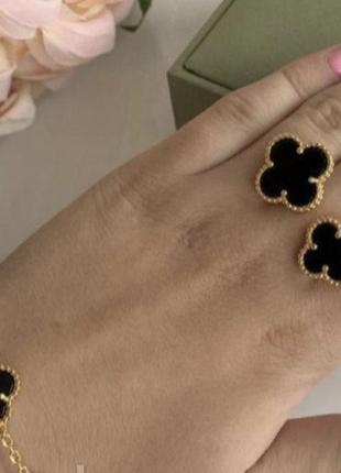 Брендовое двойное кольцо, стиль ван клиф с покрытием лимонного золота au750, чёрный клевер4 фото