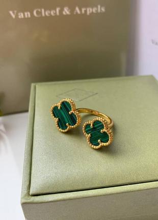 Брендовое двойное кольцо, стиль ван клиф с покрытием лимонного золота au750, зелёный клевер2 фото