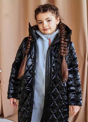 Детское, подростковое зимнее стеганое пальто в черном цвете для девочки 164 см.5 фото