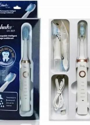 Електрична щітка shuke sk-601 акумуляторна. ультразвукова щітка для зубів + 3 насадки. колір: білий6 фото
