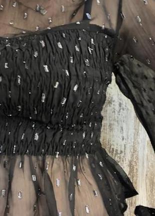 Стильний чорний прозорий шифоновий топ сітка жатка з срібною вишивкою м nly trend.