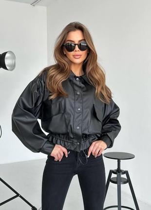 Женская укороченная куртка, 42-46 универсал, черный, матовая экокожа.