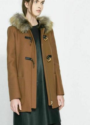 Неймовірне карамельне пальто 75% шерсть шерстяне капюшон накладні кишені zara5 фото