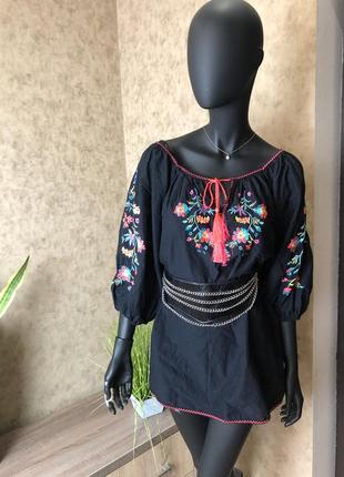 Объемный оверсайз вышиванка-блуза из хлопка удлиненная с кисточками☺️3 фото