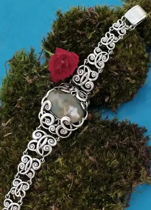 Серебряный браслет с моховым агатом, 925, серебро1 фото