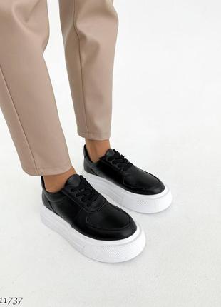 Черные натуральные кожаные классические кроссовки кеды на белой толстой подошве платформе кожа3 фото