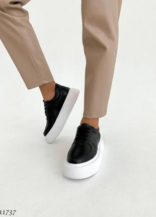 Черные натуральные кожаные классические кроссовки кеды на белой толстой подошве платформе кожа9 фото