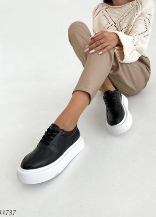 Черные натуральные кожаные классические кроссовки кеды на белой толстой подошве платформе кожа7 фото