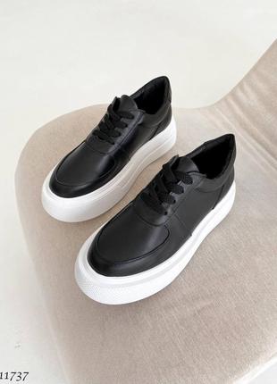 Черные натуральные кожаные классические кроссовки кеды на белой толстой подошве платформе кожа8 фото
