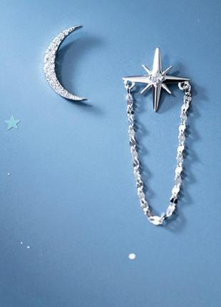Серьги луны+звезда серебряные, серьги-гвоздики асимметрия, различные серьги с камнями, серебро 925 пробы1 фото