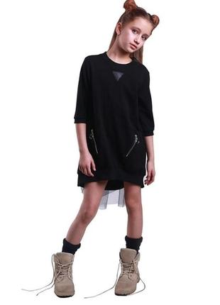 12 - 13 р 158 см фирменное теплое платье свитшот для девочки с фатиновым шлейфом и вставками эко-кожи