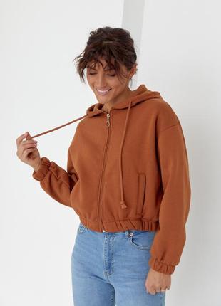 Укороченное женское худи на молнии цвет: коричневый2 фото