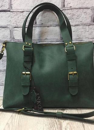 Женская кожаная сумка-портфель зеленая2 фото