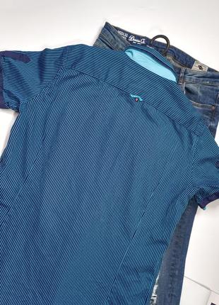 Тенниска/рубашка мужская с коротким рукавом синего цвета в милый принт полоска вертикальная camicie, l6 фото