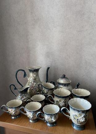 Сервіз чайний великий столовий набір сіро блакитного кольору