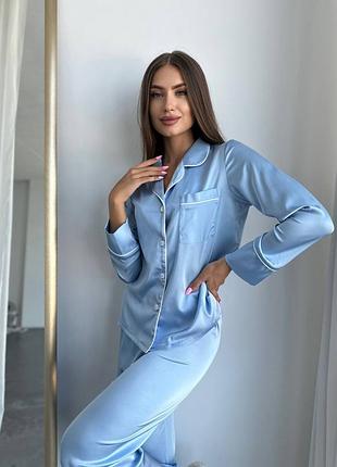 Шелковый голубой костюм рубашка с брюками, пижама