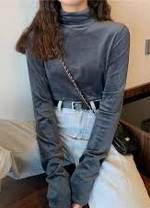 Серый велюровый кроп топ с красивой спинкой кофта гольф женский серебристый fb sister