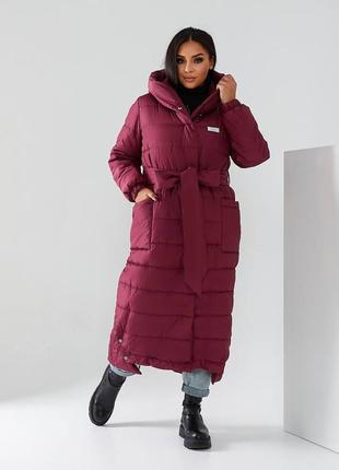 42-56р зимовий пуховик бордо довгий подовжена зимова куртка з капішоном батал великі розміри
