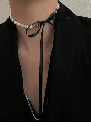 Ожерелье чокер с искусственным жемчугом и черной лентой, чокер на шею3 фото