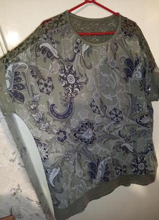 Красивая,лёгкая блузка с пайетками,хаки.цветочный принт,большого размера,италия,italia